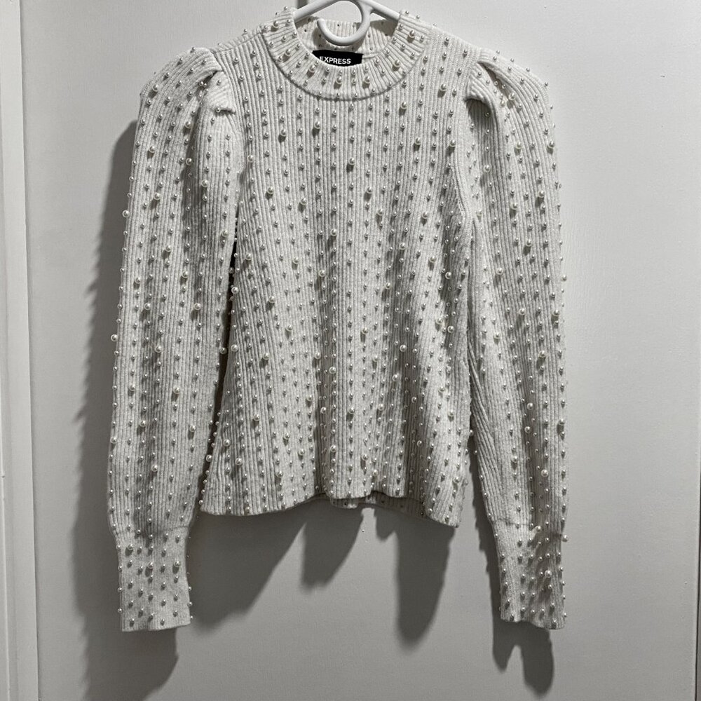 Express Pearls Chunky Knit Puff Sleeve Fit Crop Fairy Y2K Work Preppy Sweater S